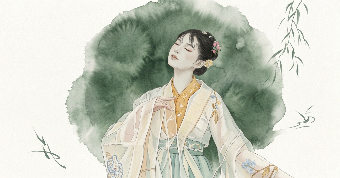 漢服を着た黒髪の女性を描いた淡い水彩イラスト